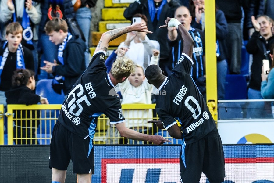 Club's Joaquin Seys and Club's Carlos Forbs celebrate during a soccer match between Club Brugge KV and KRC Genk, Sunday 20 September 2026 in Brugge, on day 7 of the 2026-2027 'Jupiler Pro League' first division of the Belgian championship