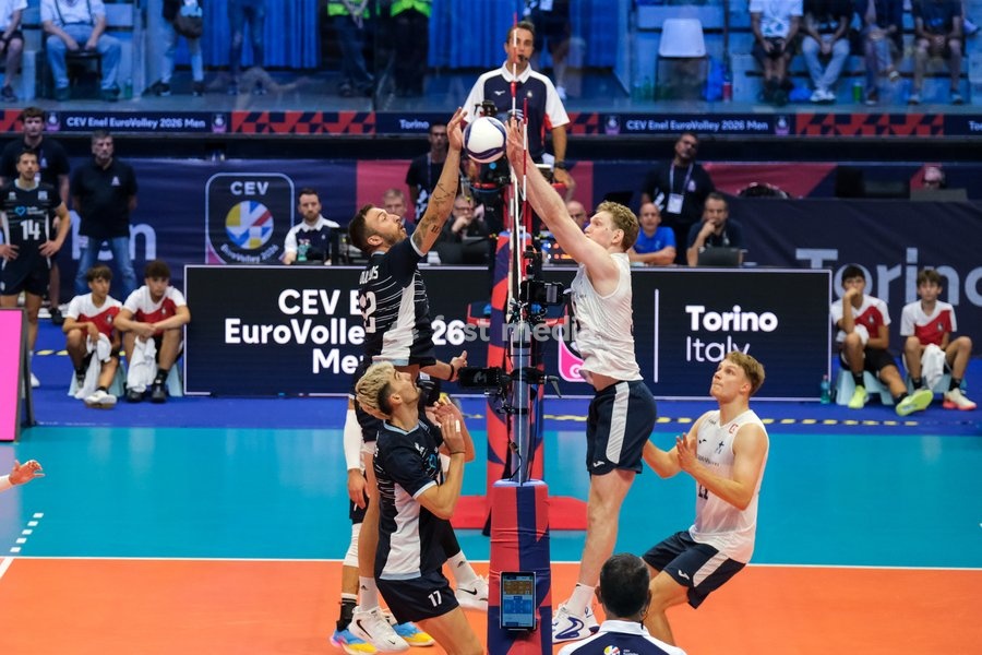 Theodoros Voulkidis of the Greece (L) and Fedor Ivanov of the Finland (R) during the Finland vs Greece match at Final Eight of the CEV Enel EuroVolley 2026 Men at PalaVela in Turin, Italy, on September 20, 2026. Finland wins against Greece with a score 3-2
