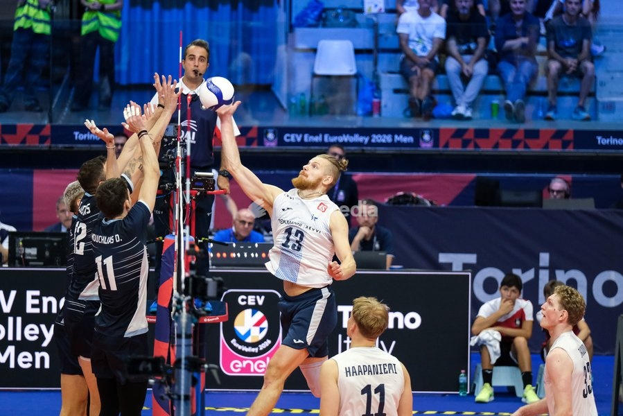 Joonas Jokela of the Finland (R) during the Finland vs Greece match at Final Eight of the CEV Enel EuroVolley 2026 Men at PalaVela in Turin, Italy, on September 20, 2026. Finland wins against Greece with a score 3-2