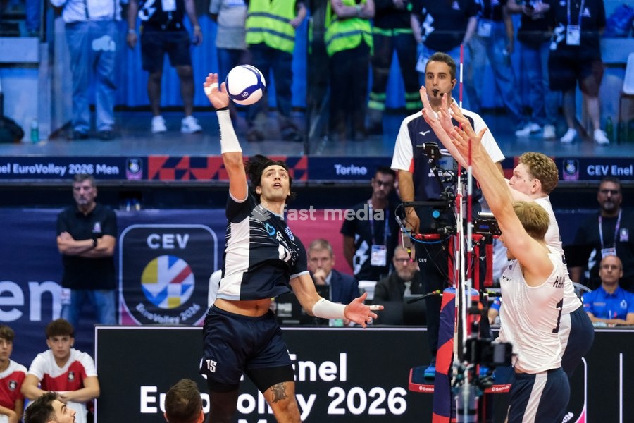 Alexandros Raptis of the Greece during the Finland vs Greece match at Final Eight of the CEV Enel EuroVolley 2026 Men at PalaVela in Turin, Italy, on September 20, 2026. Finland wins against Greece with a score 3-2