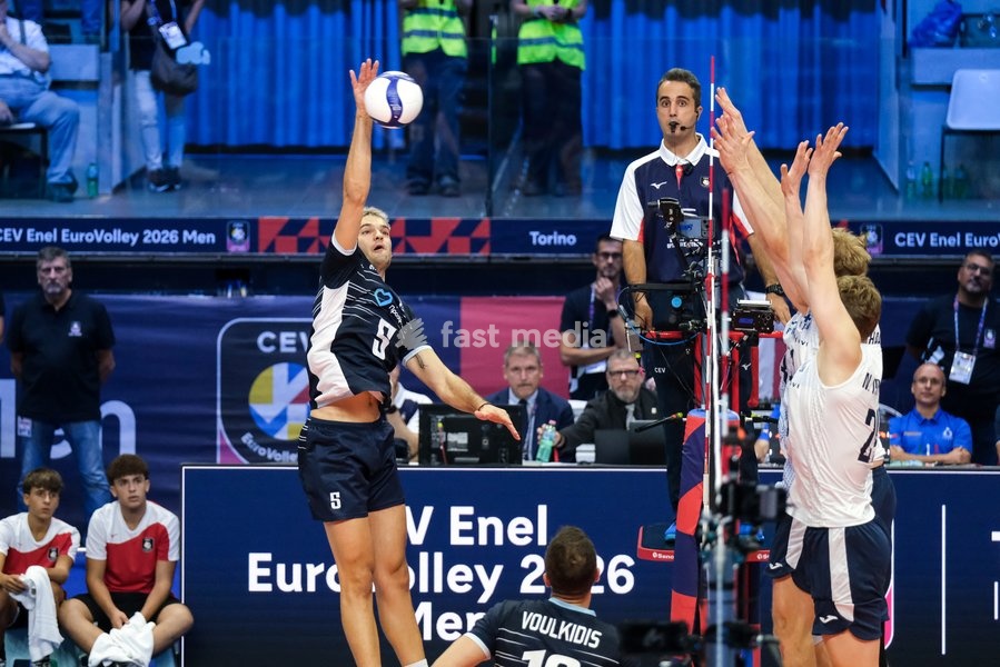 Spyridon Chandrinos of the Greece during the Finland vs Greece match at Final Eight of the CEV Enel EuroVolley 2026 Men at PalaVela in Turin, Italy, on September 20, 2026. Finland wins against Greece with a score 3-2