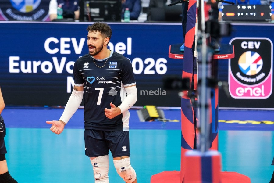 Athanasios Protopsaltis of the Greece during the Finland vs Greece match at Final Eight of the CEV Enel EuroVolley 2026 Men at PalaVela in Turin, Italy, on September 20, 2026. Finland wins against Greece with a score 3-2