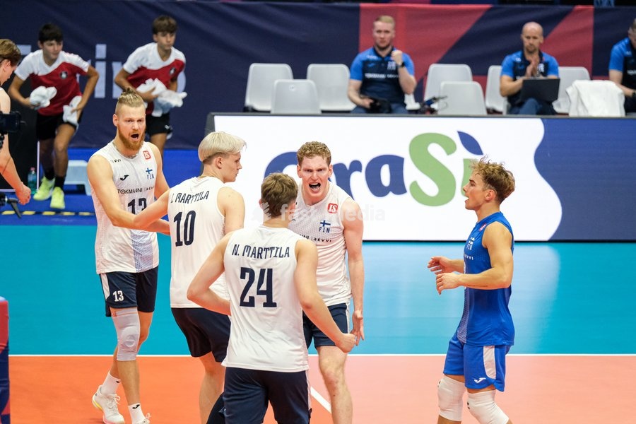 The Finland players celebrate during the Finland vs Greece match at Final Eight of the CEV Enel EuroVolley 2026 Men at PalaVela in Turin, Italy, on September 20, 2026. Finland wins against Greece with a score 3-2