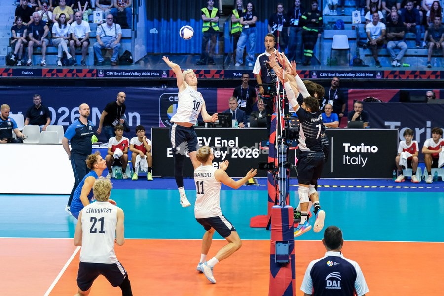 Luka Marttila of the Finland during the Finland vs Greece match at Final Eight of the CEV Enel EuroVolley 2026 Men at PalaVela in Turin, Italy, on September 20, 2026. Finland wins against Greece with a score 3-2