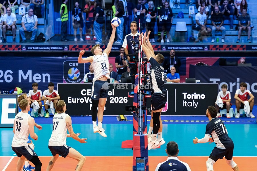 Nooa Marttila of the Finland during the Finland vs Greece match at Final Eight of the CEV Enel EuroVolley 2026 Men at PalaVela in Turin, Italy, on September 20, 2026. Finland wins against Greece with a score 3-2