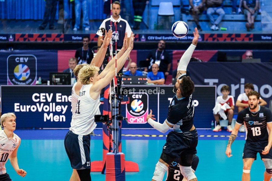 Athanasios Protopsaltis of the Greece (R) during the Finland vs Greece match at Final Eight of the CEV Enel EuroVolley 2026 Men at PalaVela in Turin, Italy, on September 20, 2026. Finland wins against Greece with a score 3-2