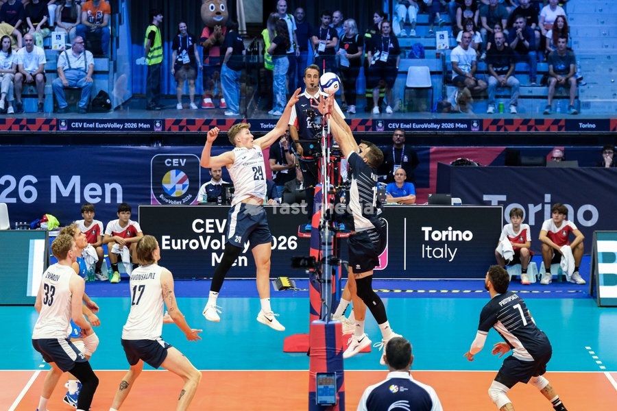Nooa Marttila of the Finland (L) during the Finland vs Greece match at Final Eight of the CEV Enel EuroVolley 2026 Men at PalaVela in Turin, Italy, on September 20, 2026. Finland wins against Greece with a score 3-2