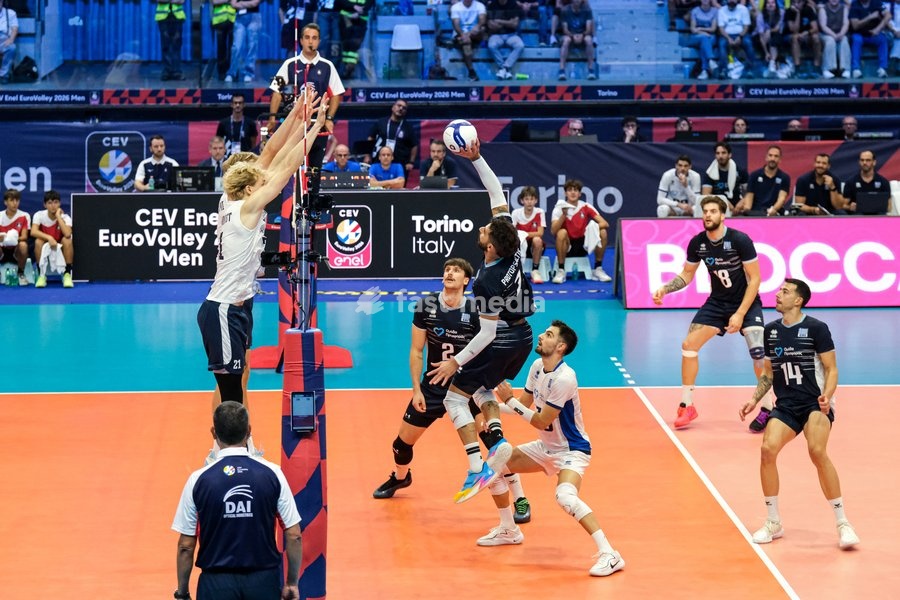 Athanasios Protopsaltis of the Greece (R) during the Finland vs Greece match at Final Eight of the CEV Enel EuroVolley 2026 Men at PalaVela in Turin, Italy, on September 20, 2026. Finland wins against Greece with a score 3-2