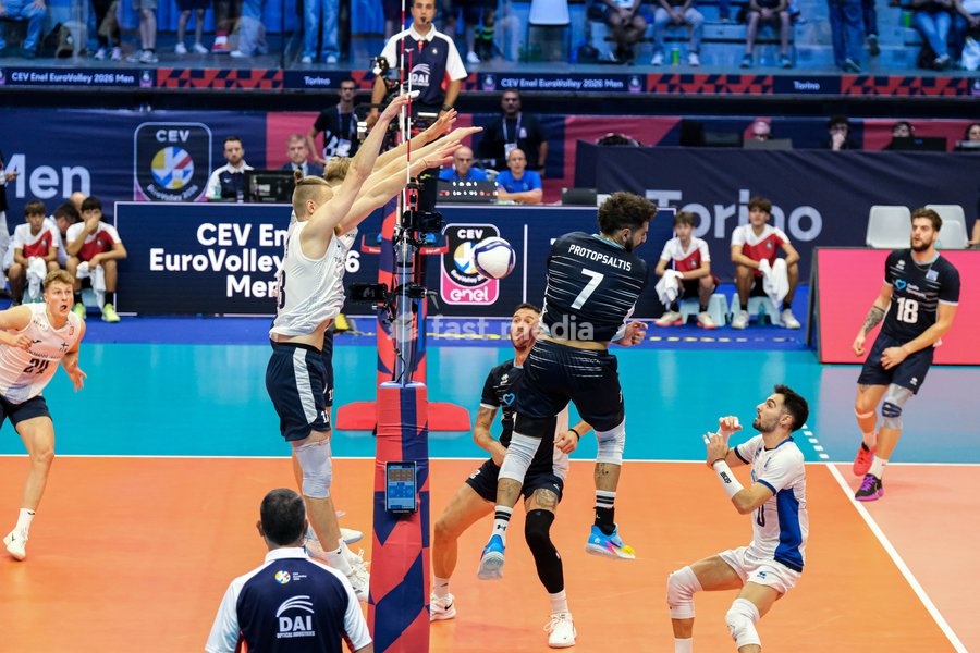 Athanasios Protopsaltis of the Greece (R) during the Finland vs Greece match at Final Eight of the CEV Enel EuroVolley 2026 Men at PalaVela in Turin, Italy, on September 20, 2026. Finland wins against Greece with a score 3-2