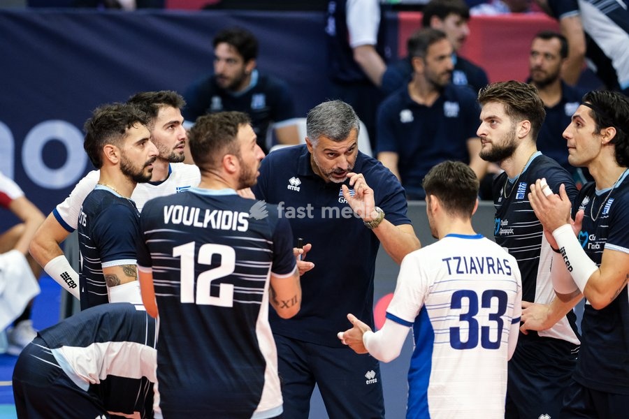 Konstantinos Christofidelis the Head Coach of the Greece (C) during the Finland vs Greece match at Final Eight of the CEV Enel EuroVolley 2026 Men at PalaVela in Turin, Italy, on September 20, 2026. Finland wins against Greece with a score 3-2