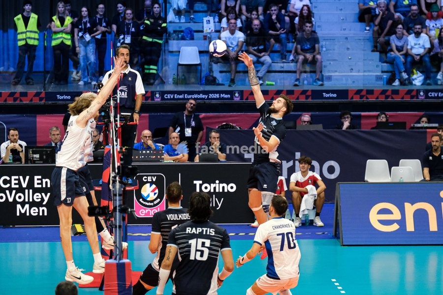 Angelos Markou of the Greece during the Finland vs Greece match at Final Eight of the CEV Enel EuroVolley 2026 Men at PalaVela in Turin, Italy, on September 20, 2026. Finland wins against Greece with a score 3-2