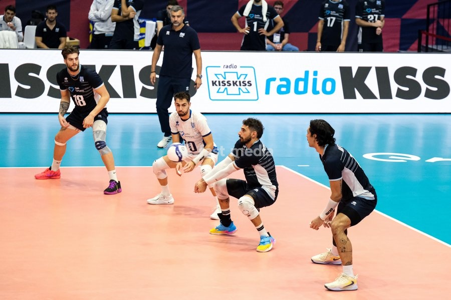 Athanasios Protopsaltis of the Greece (C) during the Finland vs Greece match at Final Eight of the CEV Enel EuroVolley 2026 Men at PalaVela in Turin, Italy, on September 20, 2026. Finland wins against Greece with a score 3-2