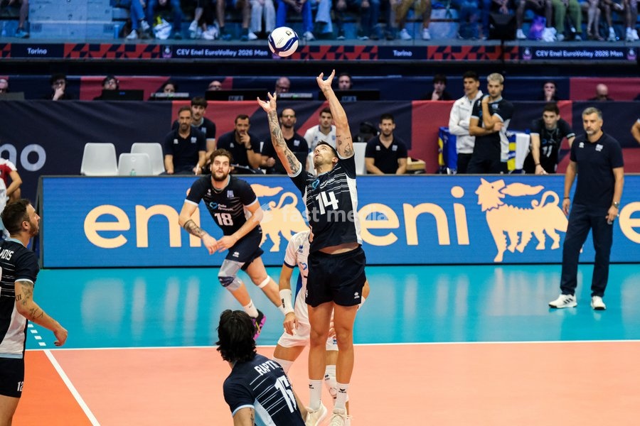 Markos Galiotos of the Greece during the Finland vs Greece match at Final Eight of the CEV Enel EuroVolley 2026 Men at PalaVela in Turin, Italy, on September 20, 2026. Finland wins against Greece with a score 3-2