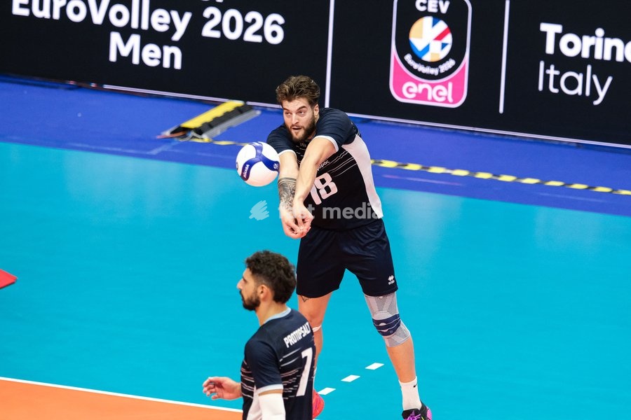 Angelos Markou of the Greece during the Finland vs Greece match at Final Eight of the CEV Enel EuroVolley 2026 Men at PalaVela in Turin, Italy, on September 20, 2026. Finland wins against Greece with a score 3-2