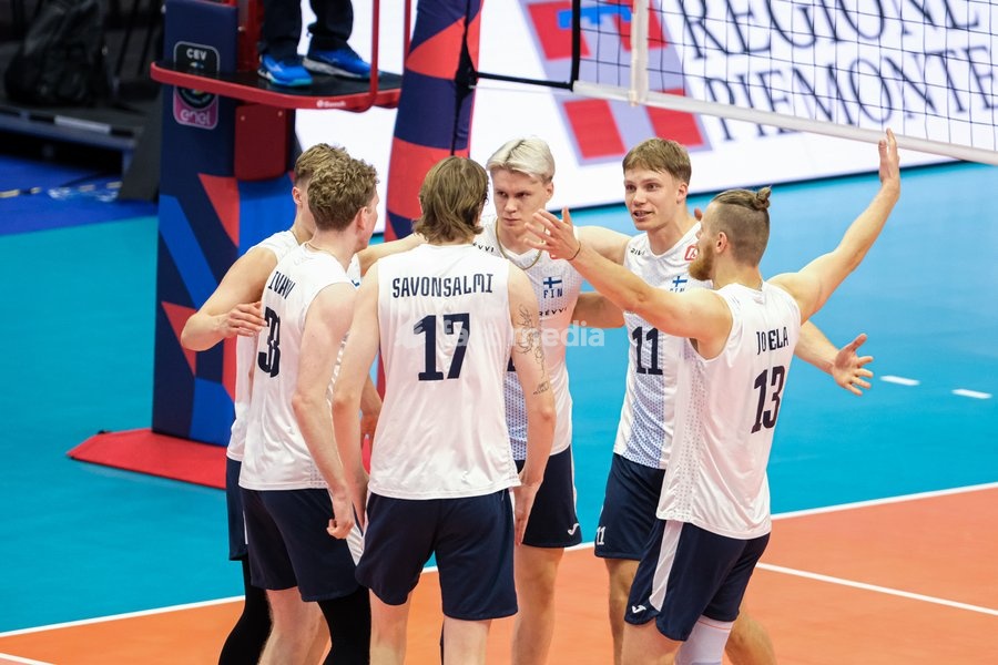 The Finland players celebrate during the Finland vs Greece match at Final Eight of the CEV Enel EuroVolley 2026 Men at PalaVela in Turin, Italy, on September 20, 2026. Finland wins against Greece with a score 3-2
