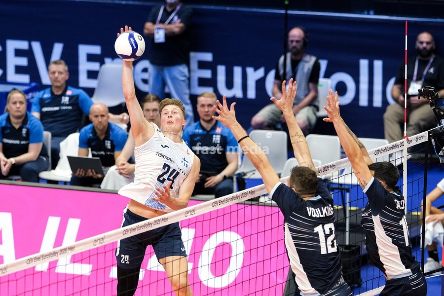 Nooa Marttila of the Finland during the Finland vs Greece match at Final Eight of the CEV Enel EuroVolley 2026 Men at PalaVela in Turin, Italy, on September 20, 2026. Finland wins against Greece with a score 3-2
