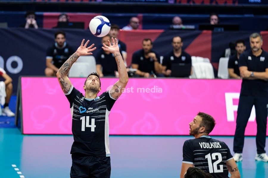 Markos Galiotos of the Greece during the Finland vs Greece match at Final Eight of the CEV Enel EuroVolley 2026 Men at PalaVela in Turin, Italy, on September 20, 2026. Finland wins against Greece with a score 3-2