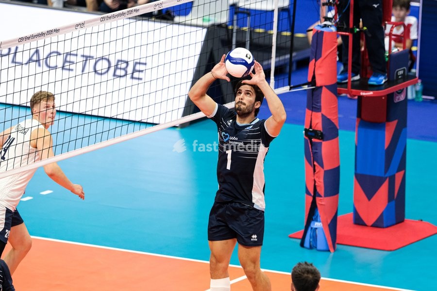 Stavros Kasampalis of the Greece during the Finland vs Greece match at Final Eight of the CEV Enel EuroVolley 2026 Men at PalaVela in Turin, Italy, on September 20, 2026. Finland wins against Greece with a score 3-2
