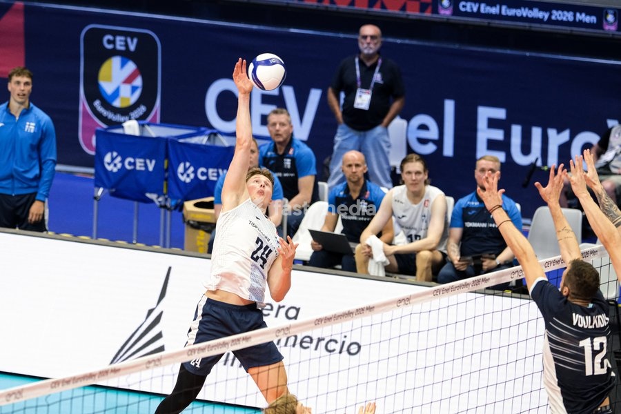 Nooa Marttila of the Finland during the Finland vs Greece match at Final Eight of the CEV Enel EuroVolley 2026 Men at PalaVela in Turin, Italy, on September 20, 2026. Finland wins against Greece with a score 3-2