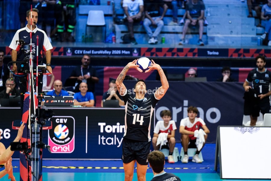 Markos Galiotos of the Greece during the Finland vs Greece match at Final Eight of the CEV Enel EuroVolley 2026 Men at PalaVela in Turin, Italy, on September 20, 2026. Finland wins against Greece with a score 3-2