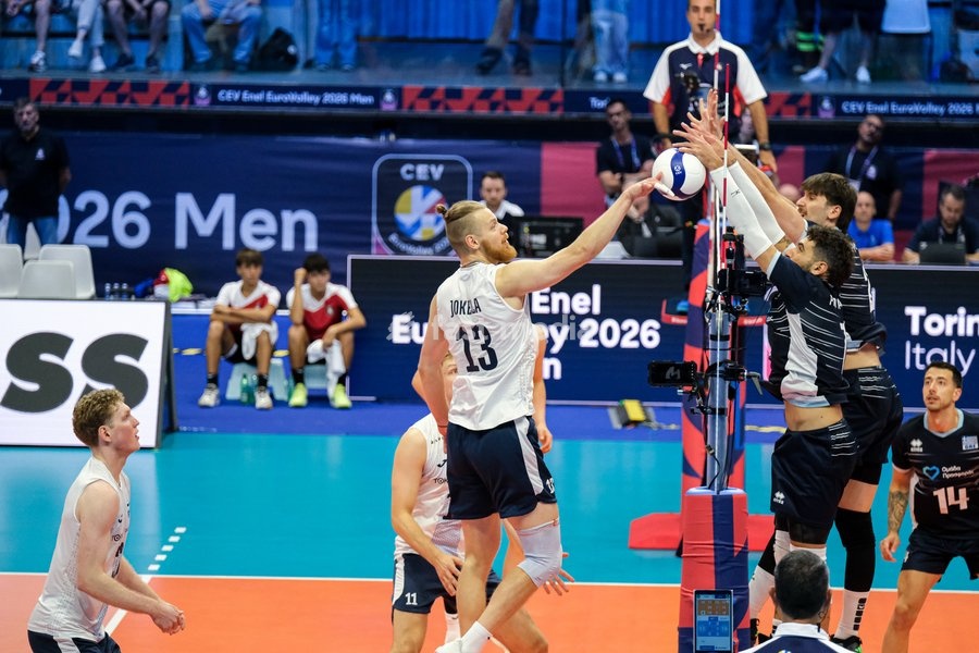 Joonas Jokela of the Finland (L) during the Finland vs Greece match at Final Eight of the CEV Enel EuroVolley 2026 Men at PalaVela in Turin, Italy, on September 20, 2026. Finland wins against Greece with a score 3-2