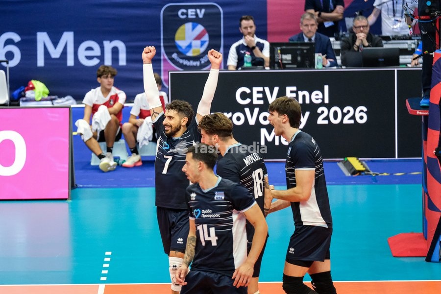Athanasios Protopsaltis of the Greece exults during the Finland vs Greece match at Final Eight of the CEV Enel EuroVolley 2026 Men at PalaVela in Turin, Italy, on September 20, 2026. Finland wins against Greece with a score 3-2