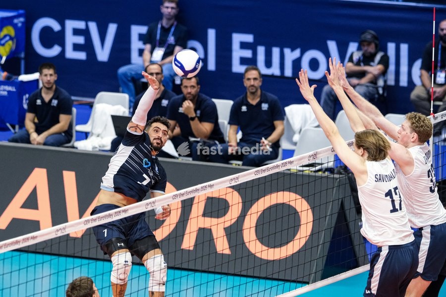 Stavros Kasampalis of the Greece during the Finland vs Greece match at Final Eight of the CEV Enel EuroVolley 2026 Men at PalaVela in Turin, Italy, on September 20, 2026. Finland wins against Greece with a score 3-2