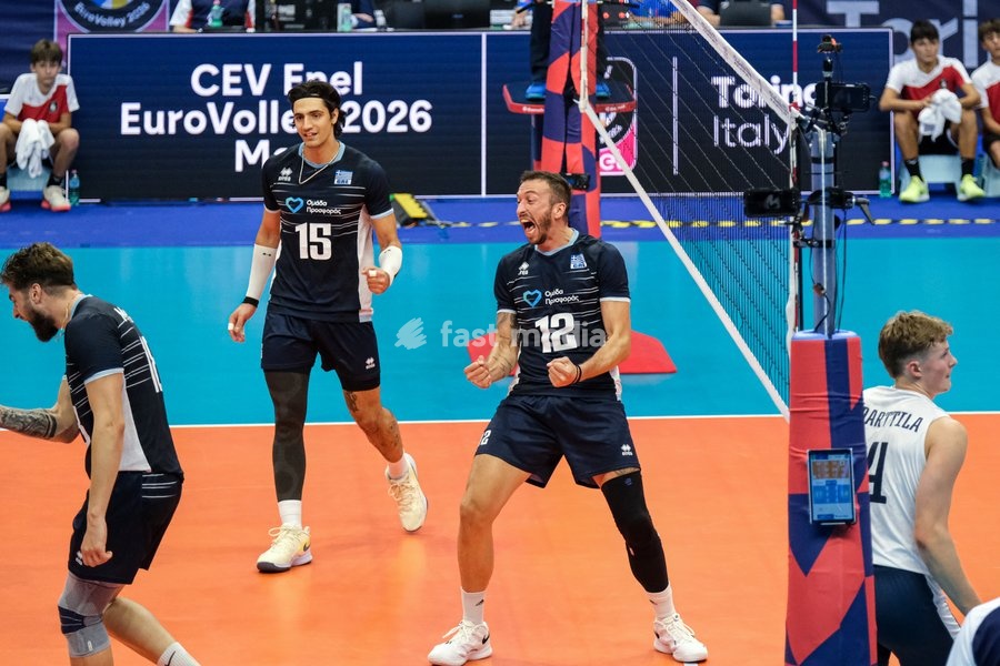 Theodoros Voulkidis of the Greece (R) exults during the Finland vs Greece match at Final Eight of the CEV Enel EuroVolley 2026 Men at PalaVela in Turin, Italy, on September 20, 2026. Finland wins against Greece with a score 3-2