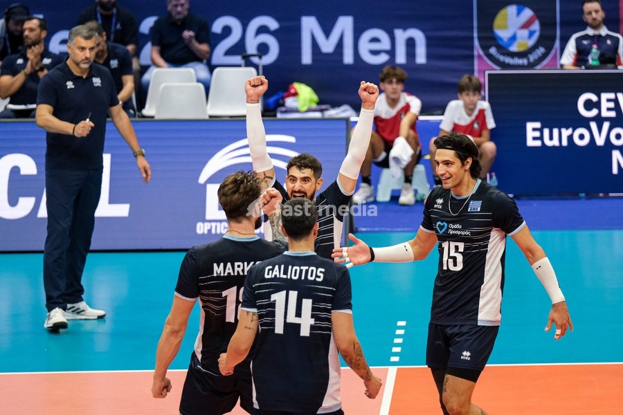 The Greece players celebrate during the Finland vs Greece match at Final Eight of the CEV Enel EuroVolley 2026 Men at PalaVela in Turin, Italy, on September 20, 2026. Finland wins against Greece with a score 3-2