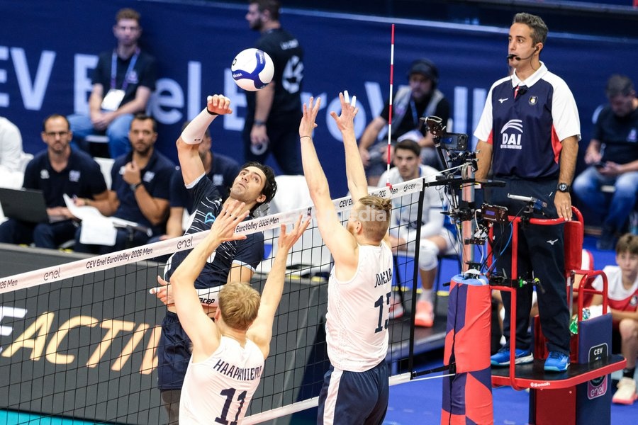 Alexandros Raptis of the Greece (L) during the Finland vs Greece match at Final Eight of the CEV Enel EuroVolley 2026 Men at PalaVela in Turin, Italy, on September 20, 2026. Finland wins against Greece with a score 3-2