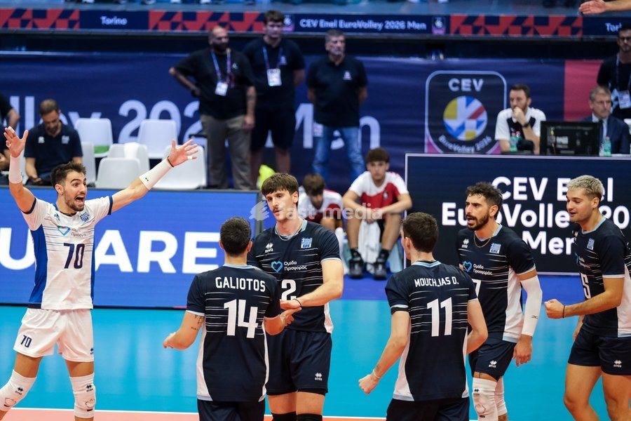 Aristeidis Chandrinos of the Greece (L) exults with his team during the Finland vs Greece match at Final Eight of the CEV Enel EuroVolley 2026 Men at PalaVela in Turin, Italy, on September 20, 2026. Finland wins against Greece with a score 3-2
