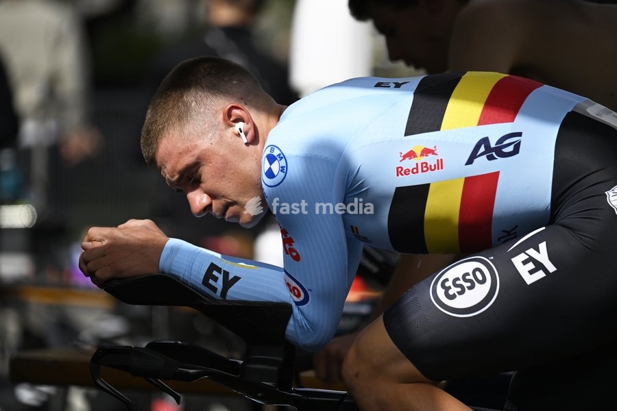 Belgium's Remco Evenepoel pictured during the warming-up before the men's elite individual time trial race (39,2km) at the cycling UCI Road World Championship, in Montreal, Canada, Sunday 20 September 2026
