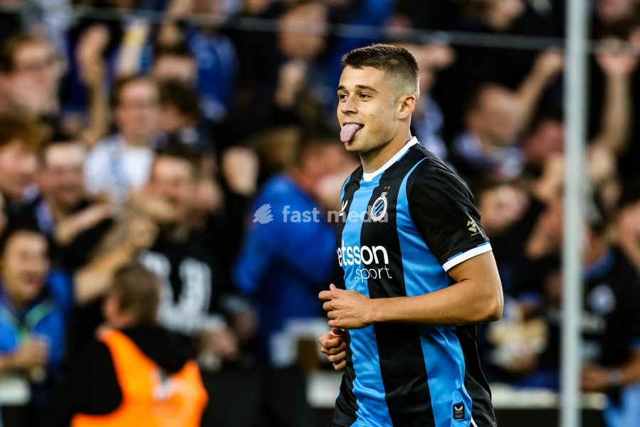 Club's Nicolo Tresoldi celebrates during a soccer match between Club Brugge KV and KRC Genk, Sunday 20 September 2026 in Brugge, on day 7 of the 2026-2027 'Jupiler Pro League' first division of the Belgian championship