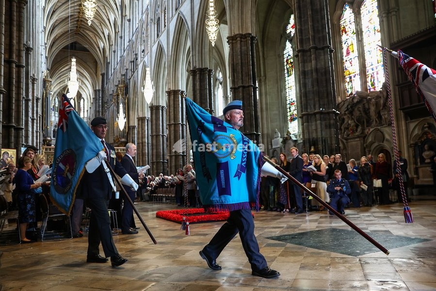 Flag-bearers march out after taking part in a 'Service of Thanksgiving and Rededication' to mark the 86th anniversary of Battle of Britain, at Westminster Abbey in central London on September 20, 2026