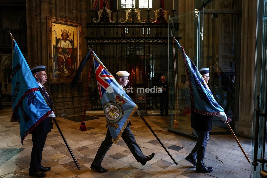 Flag-bearers march out after taking part in a 'Service of Thanksgiving and Rededication' to mark the 86th anniversary of Battle of Britain, at Westminster Abbey in central London on September 20, 2026