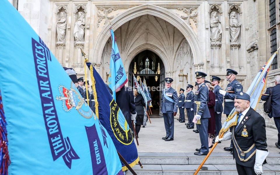 Raf veteran flag bearers stand march into Westminster Abbey as they take part in the annual service of thanksgiving and rededication service on Battle of Britain Sunday the annual service to remember the RAF fighter pilots who fought in the battle in 1940