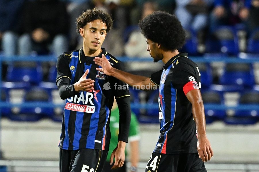 Dender's Adam Nhaili celebrates after scoring during a soccer match between FCV Dender EH and Patro Eisden Maasmechelen, Sunday 20 September 2026 in Denderleeuw, on day 6 of the 2026-2027 'Challenger Pro League' 1B second division of the Belgian championship