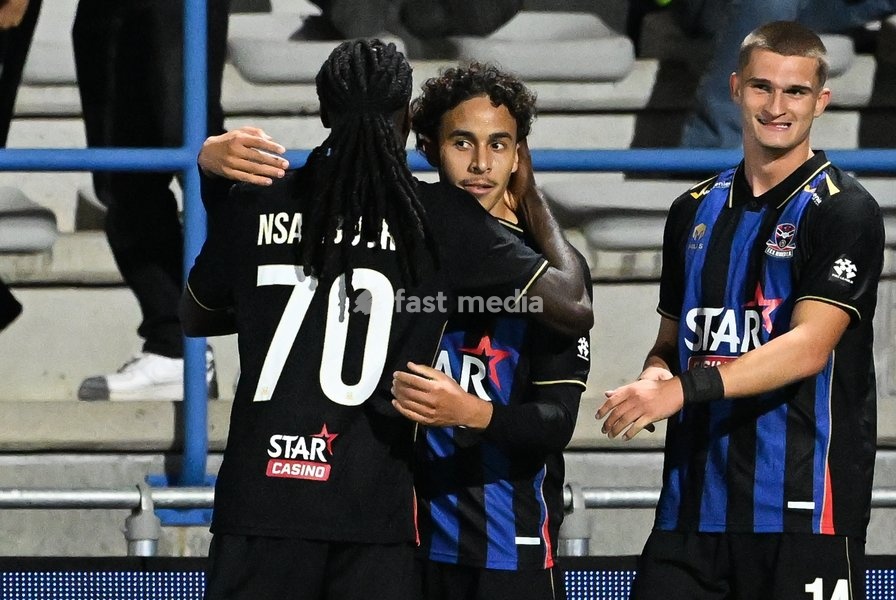 Dender's Adam Nhaili celebrates after scoring during a soccer match between FCV Dender EH and Patro Eisden Maasmechelen, Sunday 20 September 2026 in Denderleeuw, on day 6 of the 2026-2027 'Challenger Pro League' 1B second division of the Belgian championship