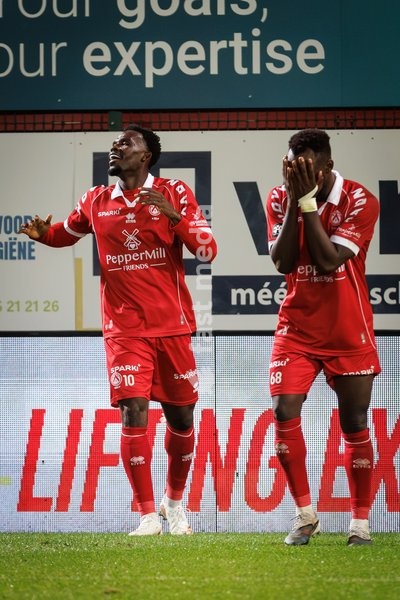 Kortrijk's Goduine Koyalipou and Kortrijk's Thierry Ambrose pictured during a soccer match between KV Kortrijk and SK Beveren, Sunday 20 September 2026 in Kortrijk, on day 7 of the 2026-2027 'Jupiler Pro League' first division of the Belgian championship
