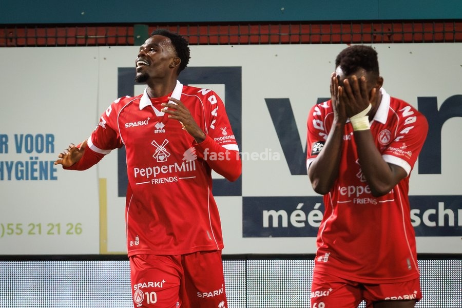 Kortrijk's Goduine Koyalipou and Kortrijk's Thierry Ambrose pictured during a soccer match between KV Kortrijk and SK Beveren, Sunday 20 September 2026 in Kortrijk, on day 7 of the 2026-2027 'Jupiler Pro League' first division of the Belgian championship
