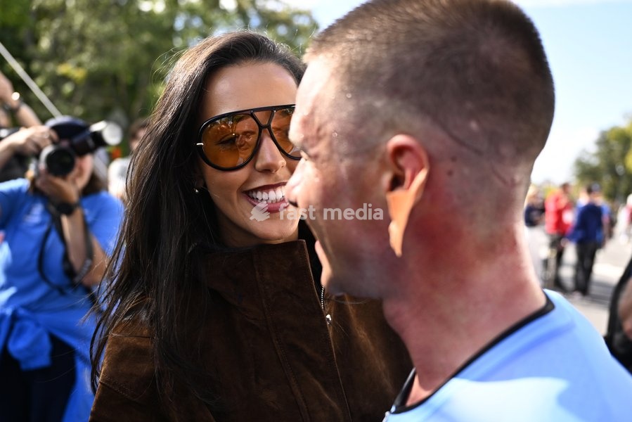 Belgian Remco Evenepoel and his wife Oumaima Oumi Rayane celebrate after the victory at the men's elite individual time trial race (39,2km) at the cycling UCI Road World Championship, in Montreal, Canada, Sunday 20 September 2026