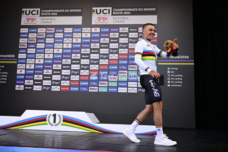 Winner Belgian Remco Evenepoel pictured wearing the world champion jersey on the podium of the men's elite individual time trial race (39,2km) at the cycling UCI Road World Championship, in Montreal, Canada, Sunday 20 September 2026