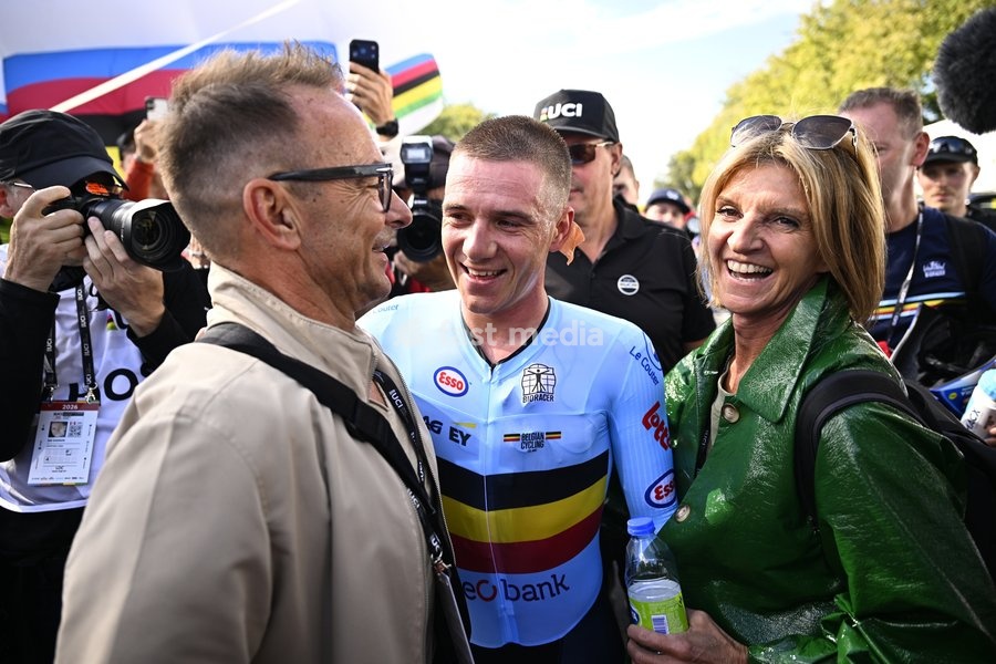 Belgian Remco Evenepoel and his parents Patrick and Ragna celebrate the victory after the arrival of the men's elite individual time trial race (39,2km) at the cycling UCI Road World Championship, in Montreal, Canada, Sunday 20 September 2026