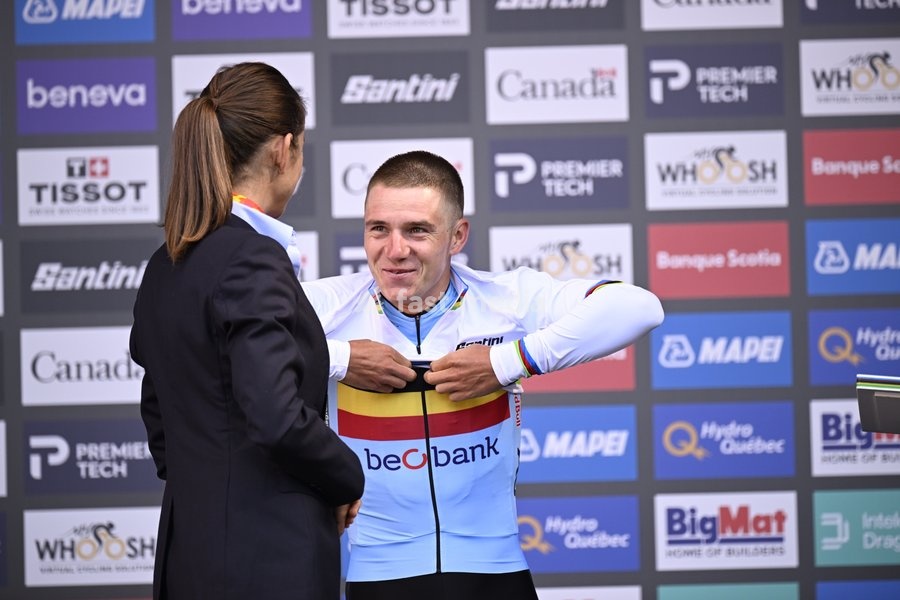 World champion Belgian Remco Evenepoel celebrates on the podium the men's elite individual time trial race (39,2km) at the cycling UCI Road World Championship, in Montreal, Canada, Sunday 20 September 2026