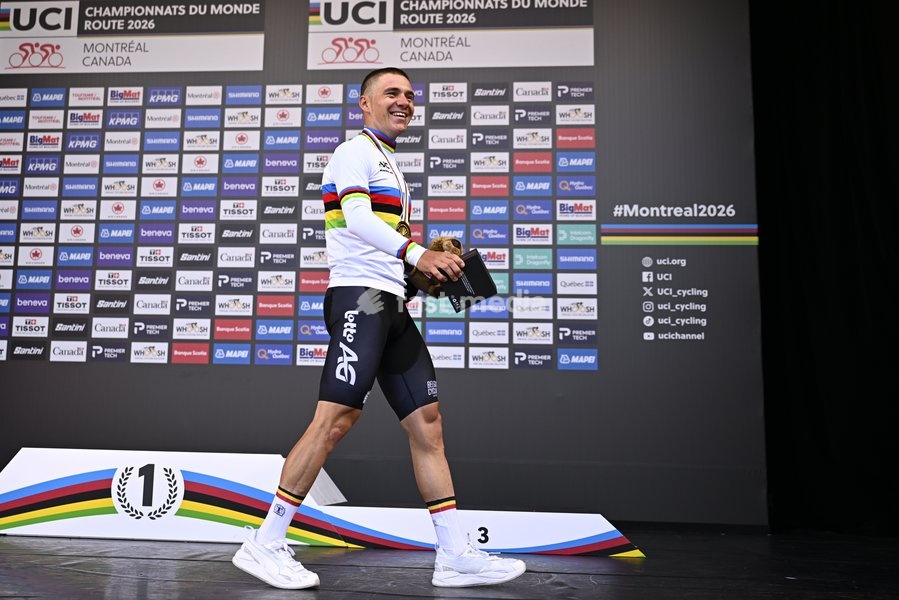 Winner Belgian Remco Evenepoel pictured wearing the world champion jersey on the podium of the men's elite individual time trial race (39,2km) at the cycling UCI Road World Championship, in Montreal, Canada, Sunday 20 September 2026