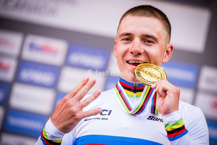 Belgian Remco Evenepoel , winner of the gold medal pictured on the podium of the men's elite individual time trial race (39,2km) at the cycling UCI Road World Championship, in Montreal, Canada, Sunday 20 September 2026