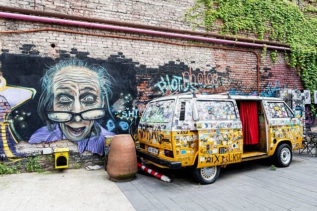 photographer's van and graffiti, Fabrika cultural and leisure center, former Soviet sewing factory building,Tbilisi, Georgia, Asia