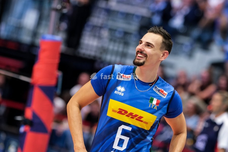 Simone Giannelli of the Italy during the Italy vs Denmark match at Final Eight of the CEV Enel EuroVolley 2026 Men at PalaVela in Turin, Italy, on September 20, 2026. Italy wins the match against Denmark with a score 3-0