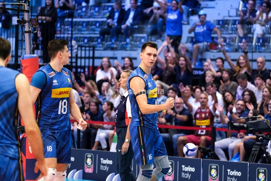 Yuri Romanò of the Italy during the Italy vs Denmark match at Final Eight of the CEV Enel EuroVolley 2026 Men at PalaVela in Turin, Italy, on September 20, 2026. Italy wins the match against Denmark with a score 3-0