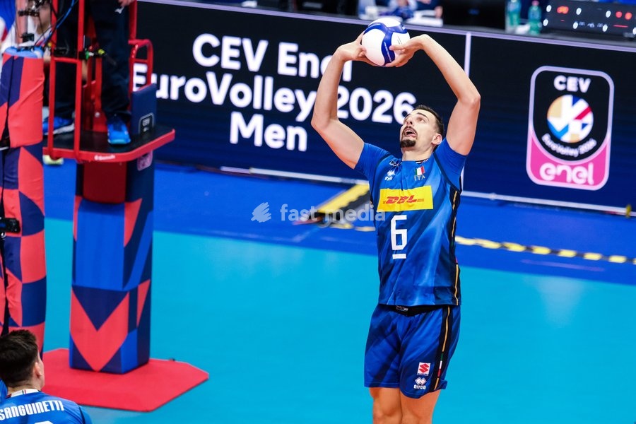 Simone Giannelli of the Italy during the Italy vs Denmark match at Final Eight of the CEV Enel EuroVolley 2026 Men at PalaVela in Turin, Italy, on September 20, 2026. Italy wins the match against Denmark with a score 3-0